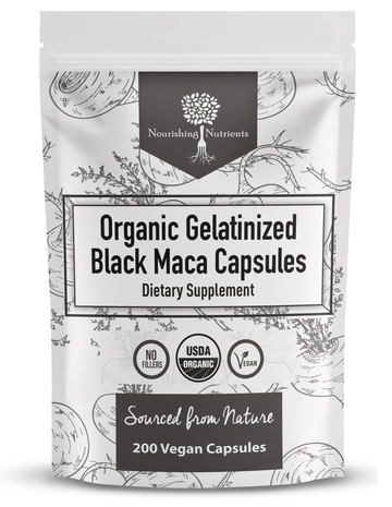 Package of Organic Gelatinized Black Maca Capsules with branding and certification logos on a white background