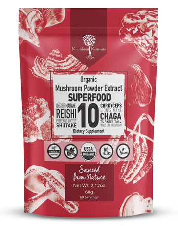 Mushroom powder extract supplement package with red and white design
