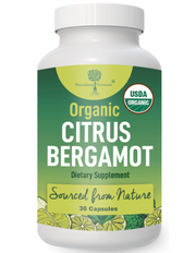 A white plastic bottle of Nourishing Nutrition Organic Citrus Bergamot dietary supplement, featuring a green and yellow label with a USDA Organic seal.