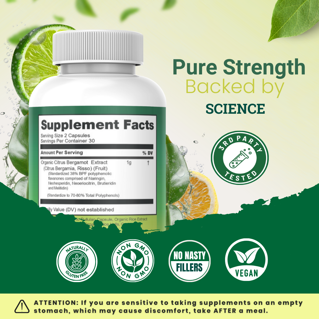 Nourishing Nutrients Organic Citrus Bergamot supplement graphic shows a close-up supplement facts bottle with citrus fruit and “Pure Strength Backed by Science” text. The image highlights third-party testing, naturally gluten free, non-GMO, no fillers, vegan quality, and a notice to take after a meal if sensitive.
organic citrus bergamot, citrus bergamot supplement, Nourishing Nutrients citrus bergamot, supplement facts bottle, science backed supplement, third-party tested supplement, gluten free supplement