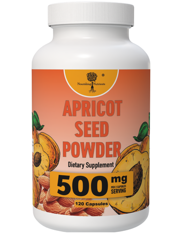 Supplement bottle labeled 'Apricot Seed Powder' with 500 mg and 120 capsules on a white background.