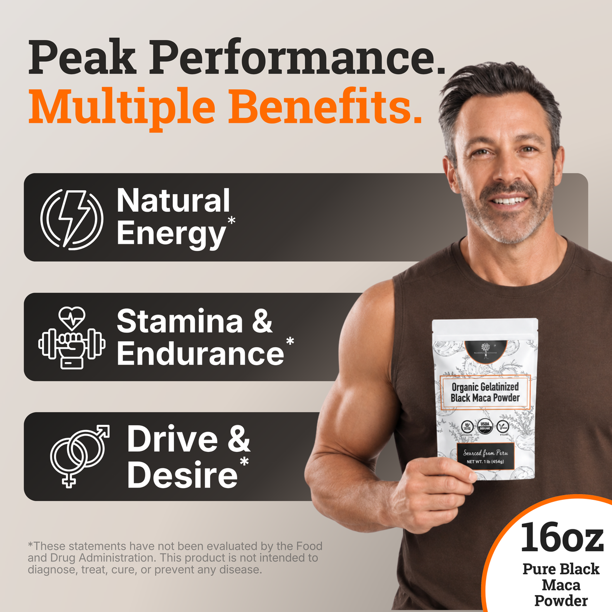 
Nourishing_Nutrients_Organic_Gelatinized_Black_Maca_Powder_benefits
Nourishing Nutrients Organic Gelatinized Black Maca Powder promotional image featuring a fit, muscular man holding a 16oz pouch. Headline reads “Peak Performance. Multiple Benefits.” Highlights natural energy, stamina and endurance, and drive and desire, with bold icons and a beige background. Includes a disclaimer that these benefits have not been evaluated by the FDA. mens fertility supplement, womens libido boost