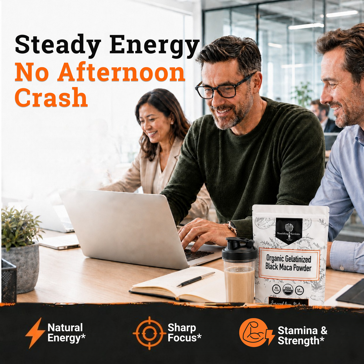 Nourishing Nutrients Organic Gelatinized Black Maca Powder promotional image showing three professionals collaborating around a laptop in a modern office. Headline reads “Steady Energy No Afternoon Crash,” highlighting natural energy, sharp focus, and stamina and strength. A pouch of Black Maca Powder and a protein shaker sit on the desk, emphasizing workplace productivity and sustained energy benefits. liquid maca root for women, maca negra para hombre, black maca root, maca powder organic, superfood