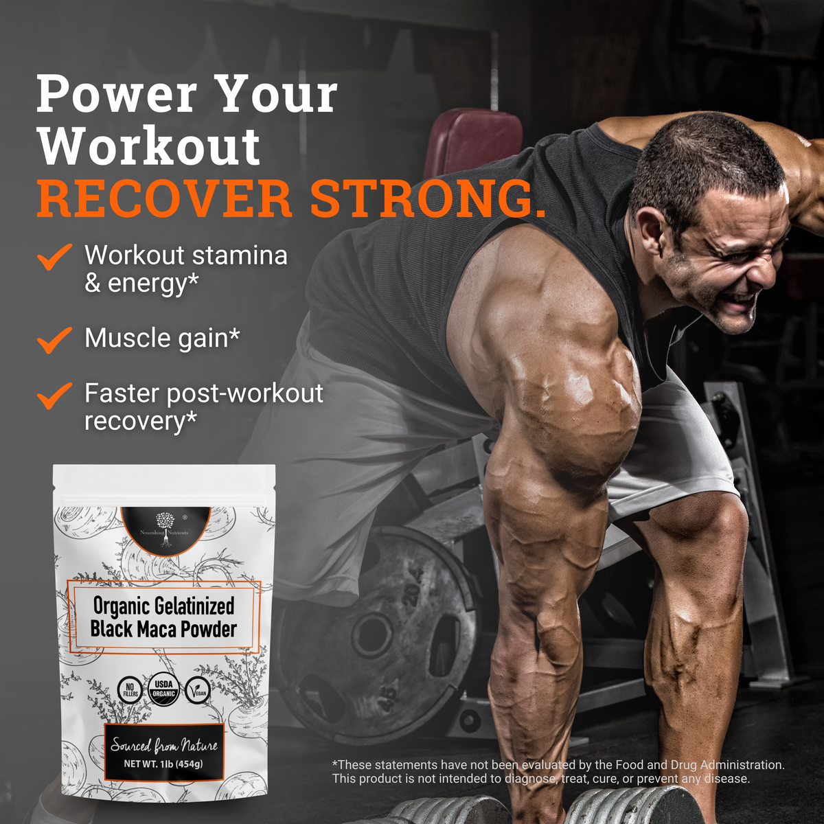 Organic Gelatinized Black Maca Powder fitness advertisement showing a muscular man lifting weights in a gym. Headline reads “Power Your Workout, Recover Strong,” highlighting workout stamina and energy, muscle gain, and faster post-workout recovery, with a 1 lb maca powder pouch displayed. mens libido boost, organic maca, hormonas naturales para mujer, powder for men, male libido supplement, gelatinized maca, womens libido, womens libido support, men sexually enhancement supplements, maca supplement