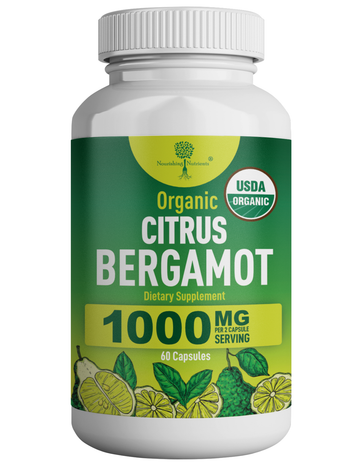 Supplement bottle labeled 'Organic Citrus Bergamot' with USDA Organic label on a white background