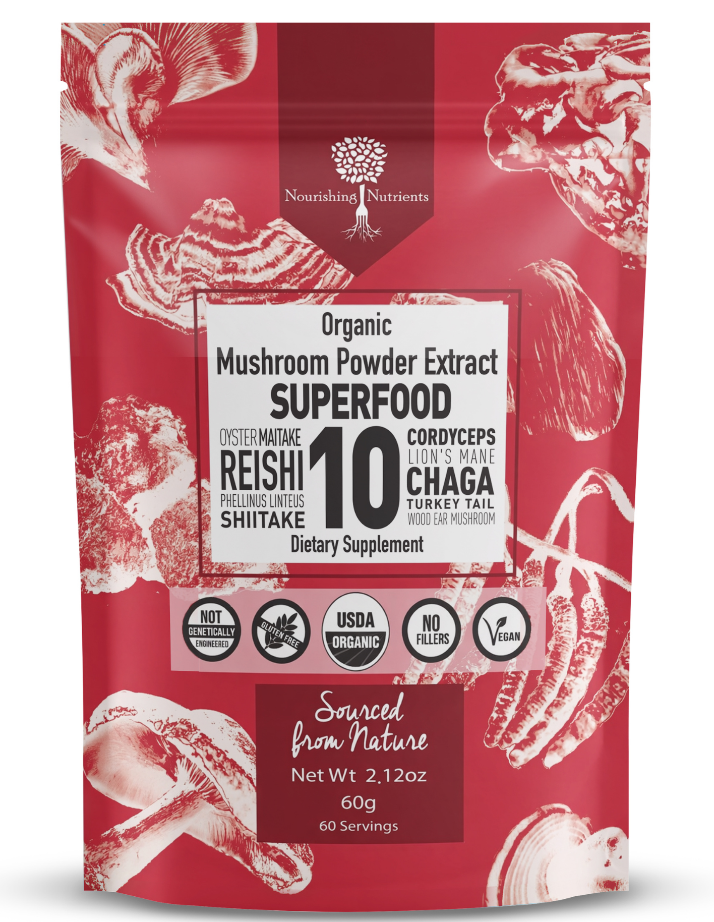 Red package of Organic Mushroom Powder Extract Superfood with mushroom illustrations on a white background