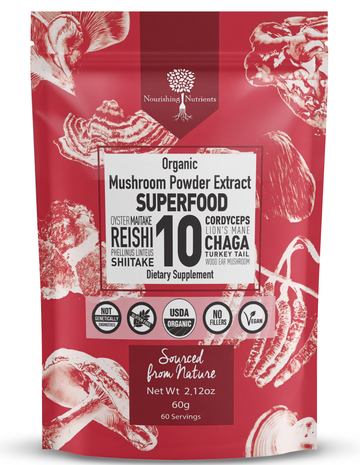 Red package of Organic Mushroom Powder Extract Superfood with mushroom illustrations on a white background