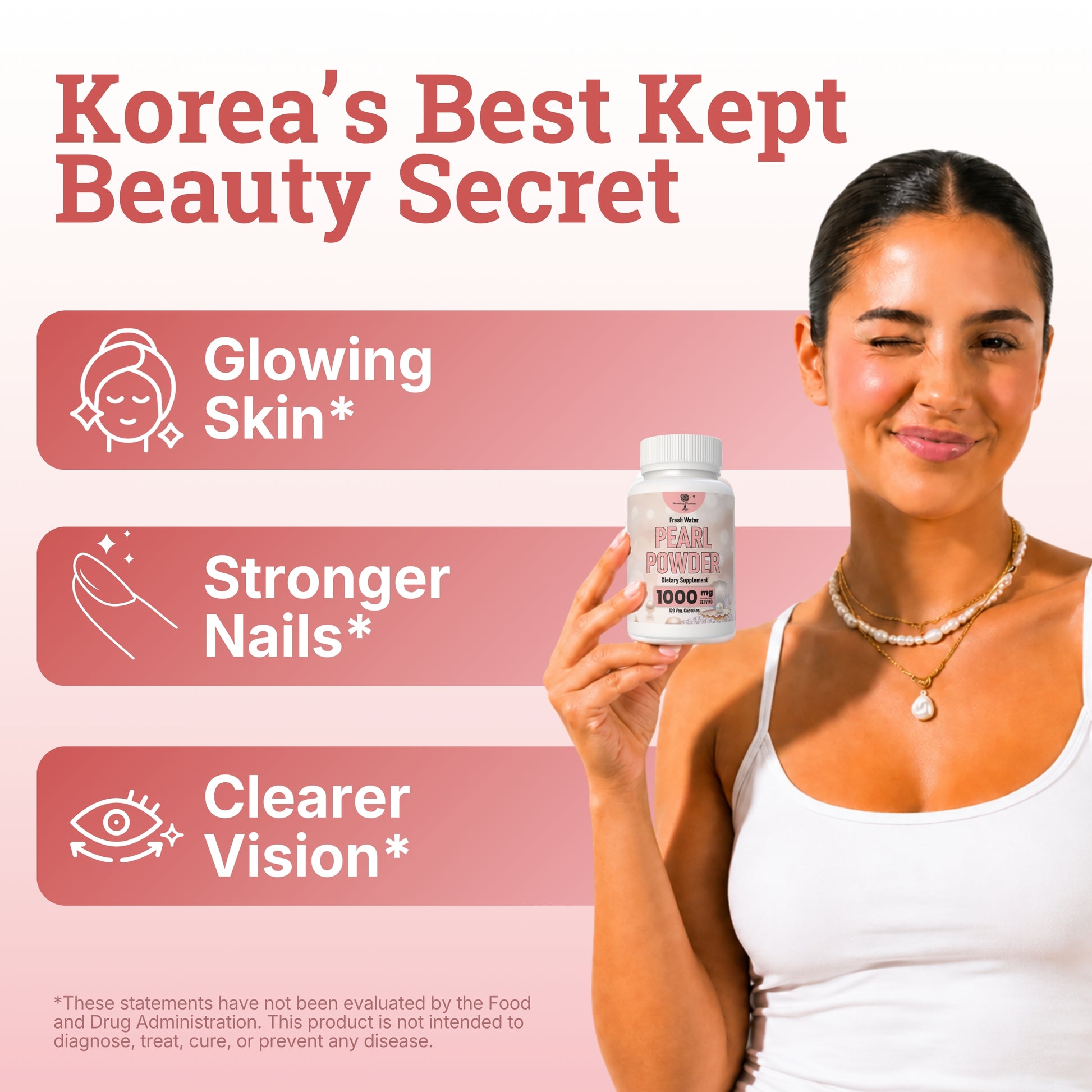 A woman in a white tank top holds a bottle of hair growth serum against a light pink background with promotional text reading 'Korea's Best Kept Beauty Secret' and benefits like glowing skin, stronger nails, and clearer vision. Eyes, pearl powder for teeth, perlas de eter mexicanas, fresh water pearl, cultivate elevate pearl powder, pearl powder organic for eyes, organic pearl powder, dragon herbs pearl powder supplement