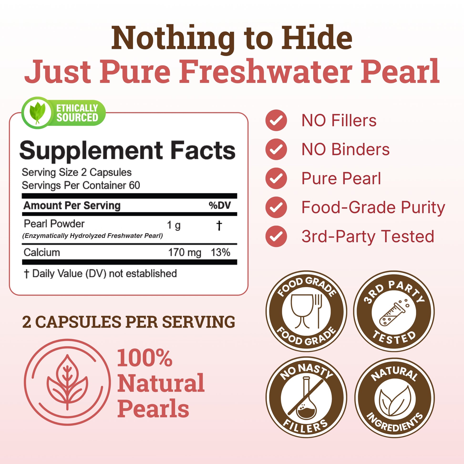 A supplement facts graphic for 'Just Pure Freshwater Pearl' capsules, with a mock label showing 'Pearl Powder' and 'Calcium', plus marketing text and icons for 'No Fillers', 'No Binders', 'Food-Grade Purity', '3rd-Party Tested', '100% Natural Pearls', and 'Ethically Sourced'. hydrolyzed pearl powder, pearl powder organic, organic collagen, organic collagen powder, pearl powder supplement, antioxidant powder, organic pearl powder