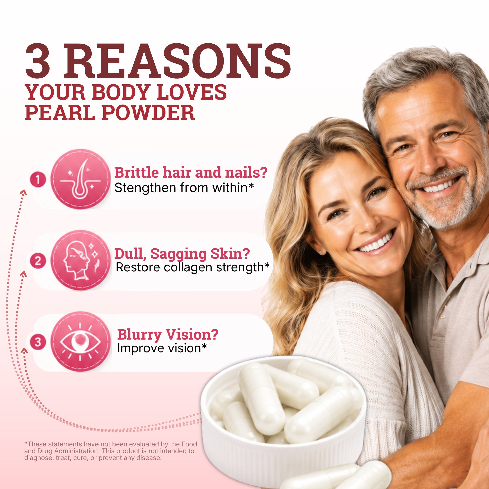 Promotional graphic for pearl powder capsules, featuring a smiling couple on the right and text on the left reading '3 Reasons Your Body Loves Pearl Powder' with icons for hair/nails, skin/collagen, and vision. A bowl of white capsules is shown at the bottom. dragon herbs pearl powder, moon juice mini dew, pearl powder organic food grade, pearl powder by kandid, pearl powder for skin, crushed pearl powder