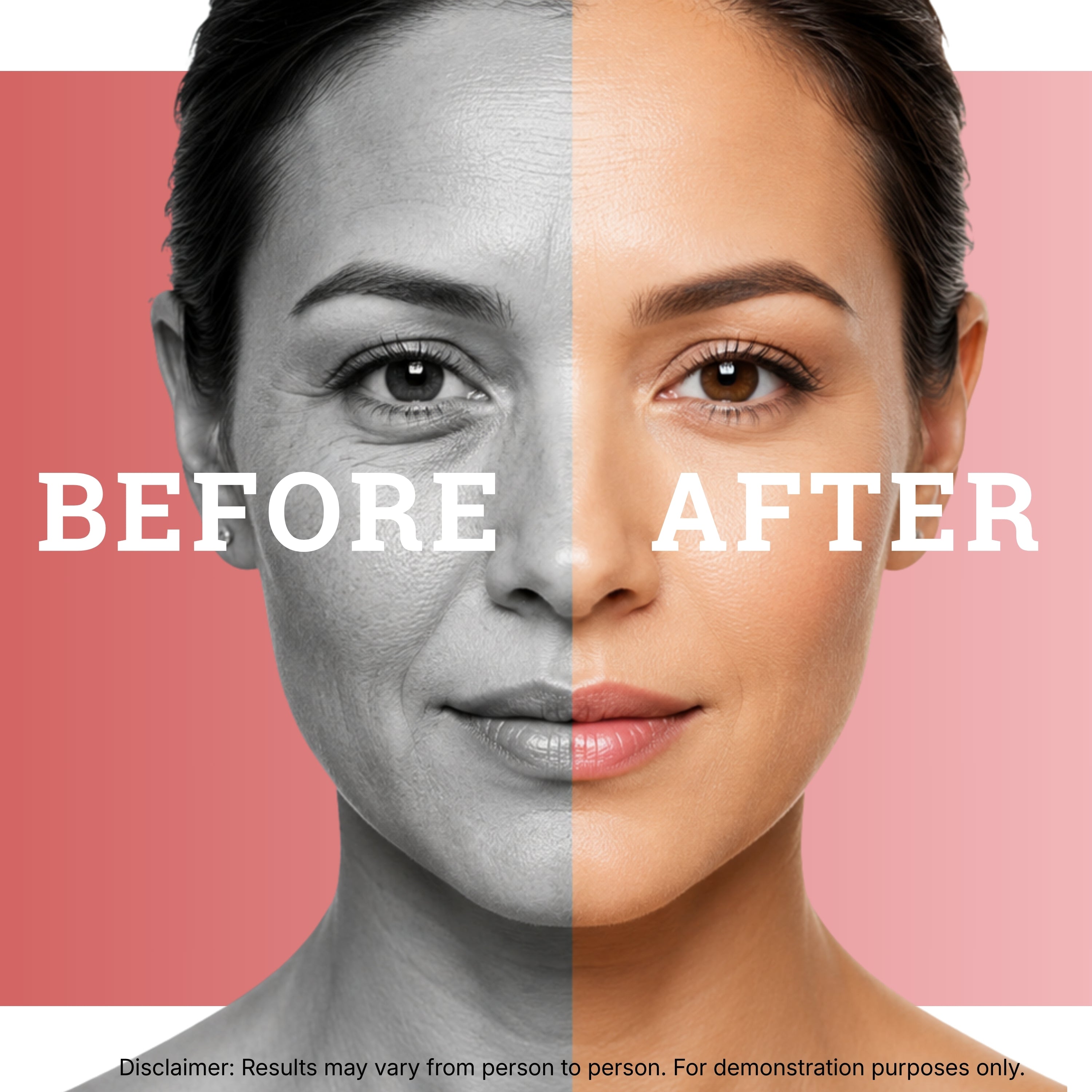 Before and after split-face comparison of a woman's face, showing a skincare or makeup result. The left half is grayscale and labeled 'BEFORE', while the right half shows a smoother, tan-toned finish labeled 'AFTER' on a pink background. edible pearl powder, dragon herb pearl powder, dragon pearl powder, pearl powder dragon herbs, collagen powder sleep, pearl powder for face, dragon herbs pearl powder, bee pearl powder, pearl powder for teeth, dragon herbs pearl, the fresh test 50g powder
