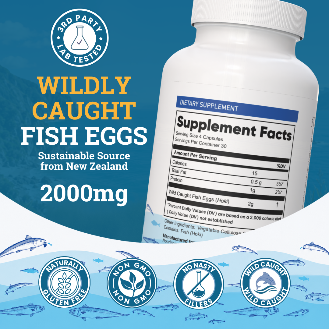 Nourishing Nutrients Wild Caught Fish Eggs dietary supplement graphic shows a 2000 mg bottle with supplement facts and sourcing text for New Zealand. The design highlights lab tested purity and potency, sustainable sourcing, no fillers, wild caught, non-GMO, and gluten free product features.wild caught fish eggs, fish eggs supplement, 2000 mg fish eggs, New Zealand fish eggs, Nourishing Nutrients fish eggs, lab tested supplement, no fillers supplement, non-GMO supplement, gluten free supplement, sustainable