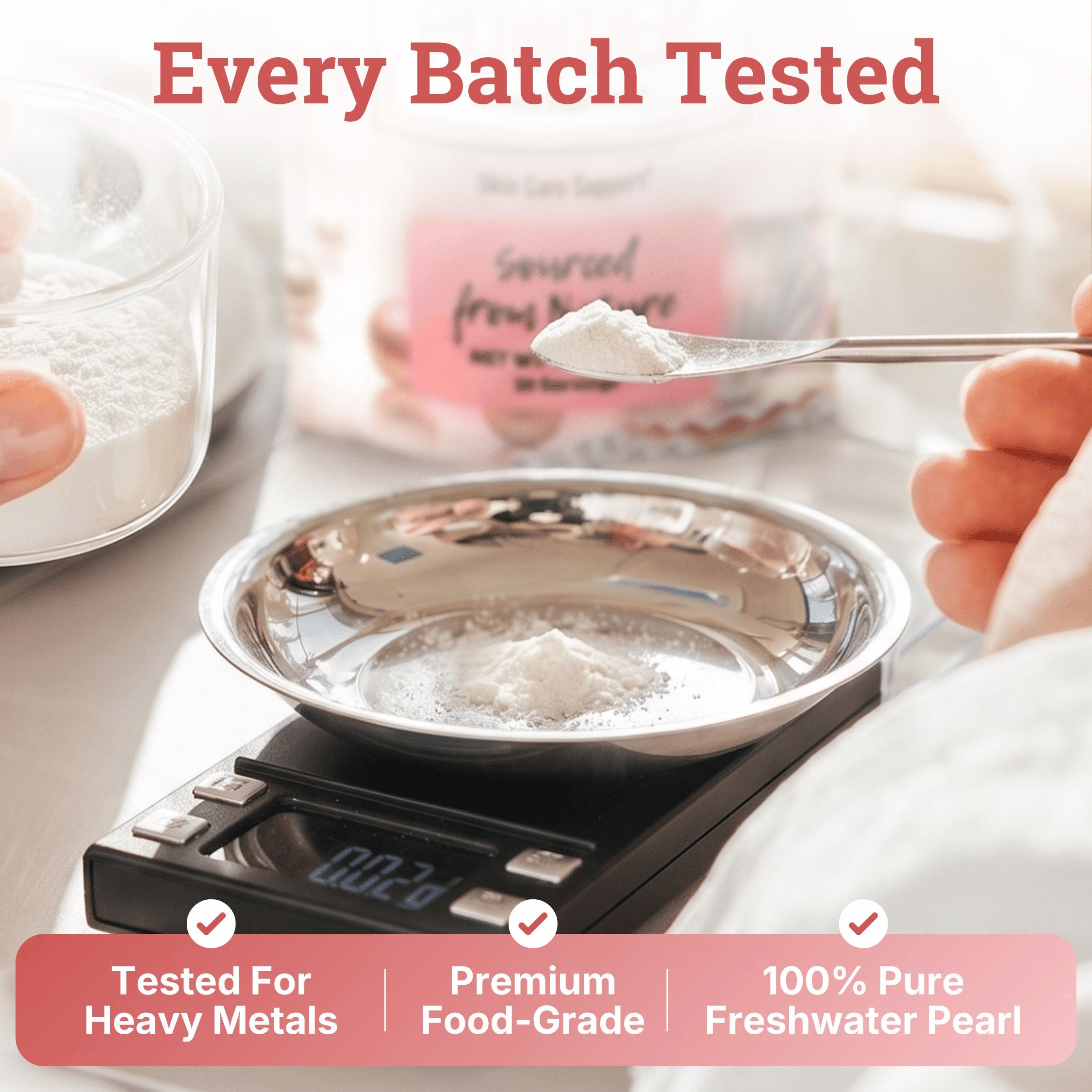 Freshwater pearl powder is shown being measured on a digital scale with a spoon and metal weighing dish, emphasizing batch testing. The graphic highlights heavy metal testing, premium food-grade quality, and 100% pure freshwater pearl for supplement safety and purity messaging.fresh water pearl; crushed pearl powder; edible pearl powder; pearl extract; pearl cream; nano pearl