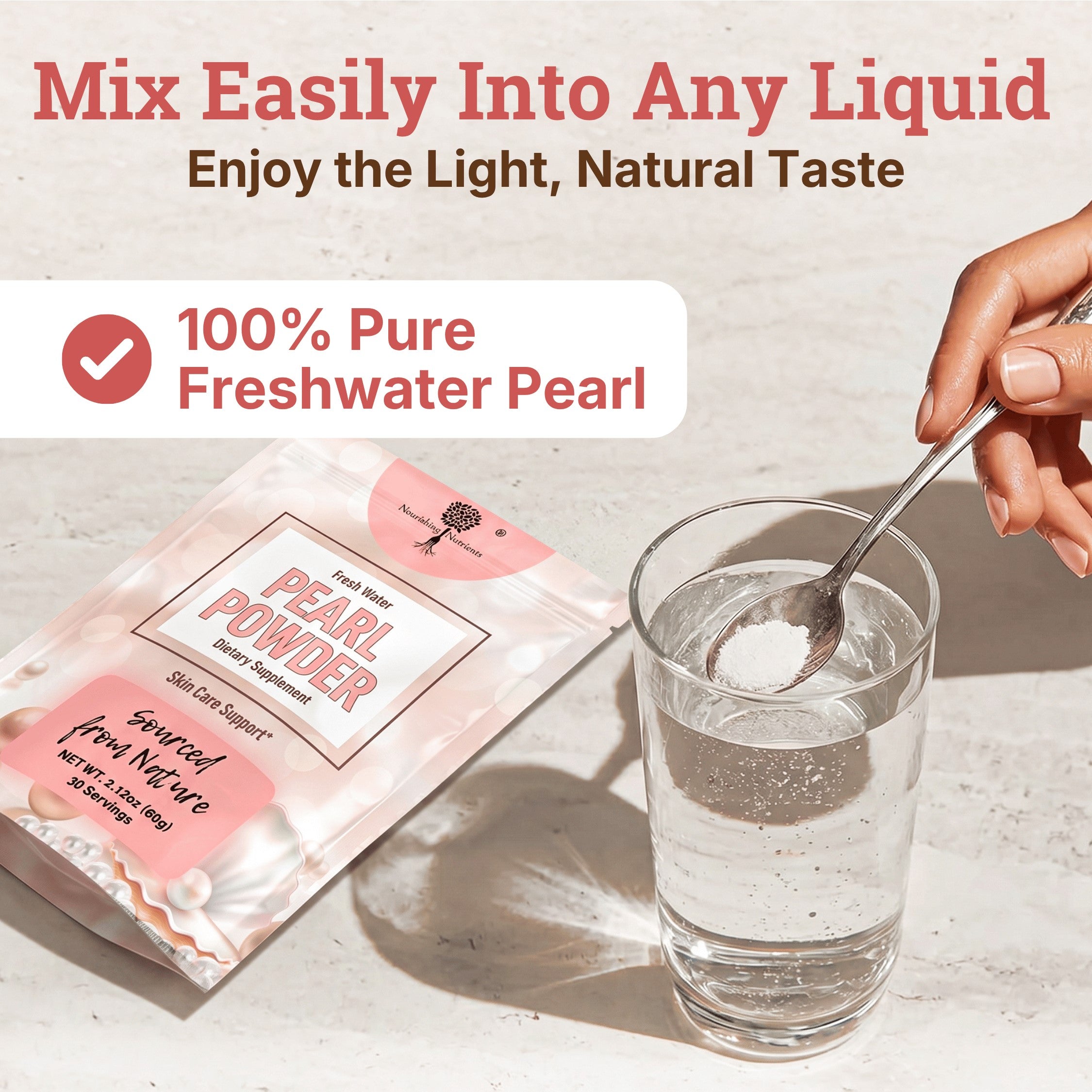 Fresh Water Pearl Powder dietary supplement is shown beside a glass of water with a spoonful of powder ready to mix. The promotional graphic highlights 100% pure freshwater pearl, easy mixing into any liquid, and a light natural taste for daily beauty and wellness use.
organic pearl powder for eyes; organic pearl powder for teeth; pearl powder for face; pearl mask