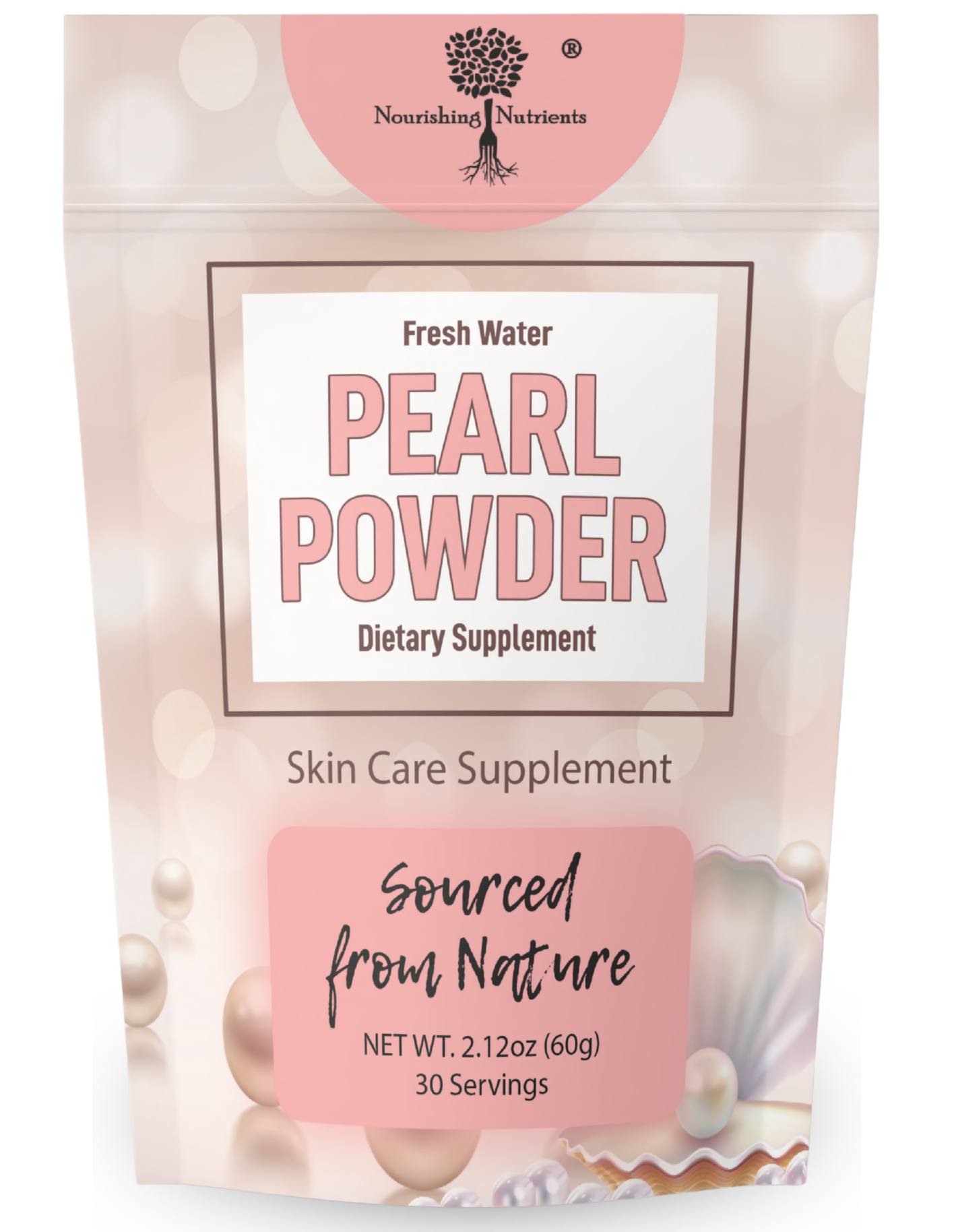 Nourishing Nutrients Fresh Water Pearl Powder pouch is shown as a skin care dietary supplement with a soft pink pearl-themed label. The package highlights “Sourced from Nature,” net weight 2.12 oz (60g), and 30 servings for a beauty and wellness supplement presentation.
fresh water pearl powder, pearl powder pouch, skin care supplement, pearl powder supplement, Nourishing Nutrients pearl powder, sourced from nature supplement, beauty supplement, natural pearl powder, pearl powder for skin, dietary supplemen