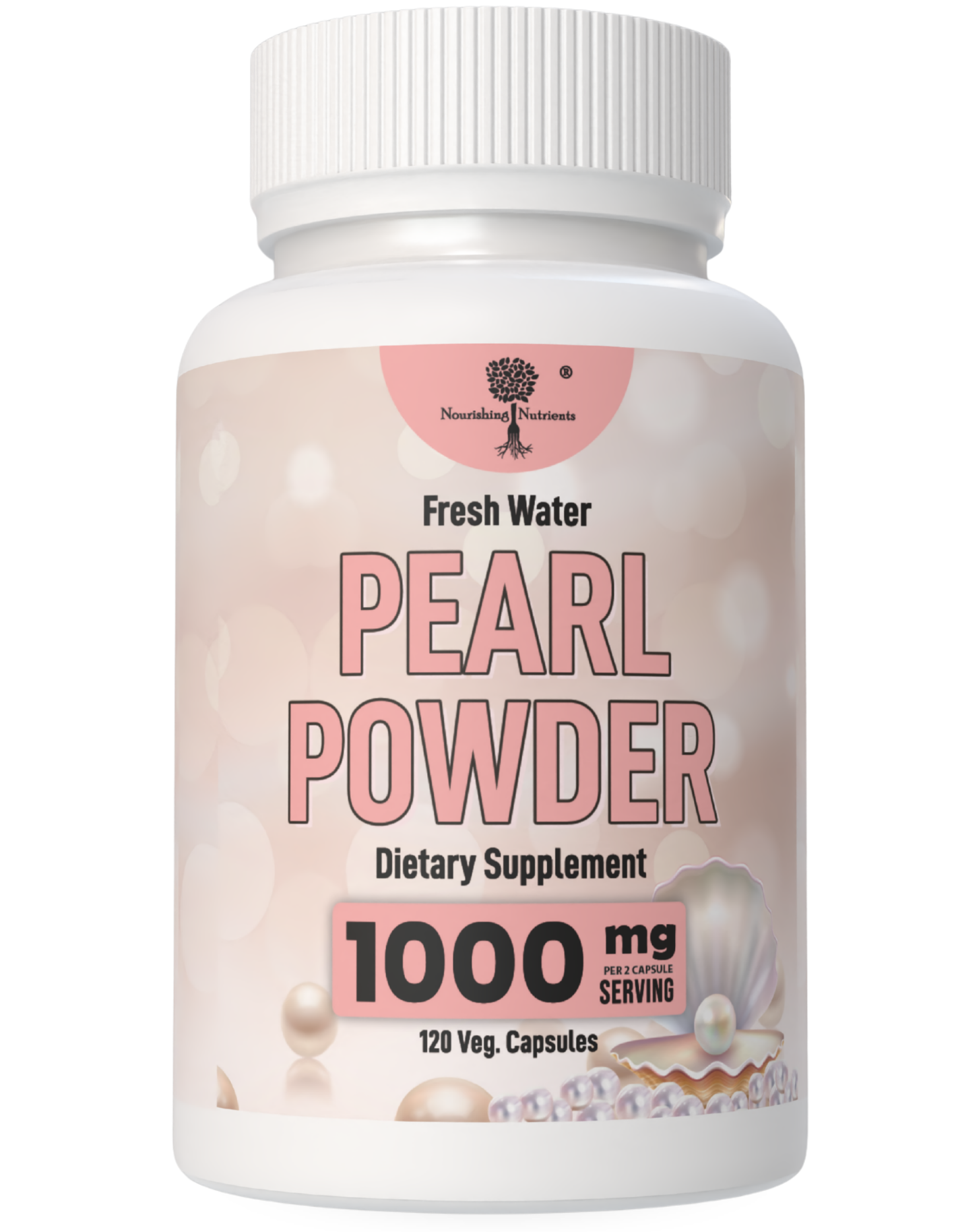 White supplement bottle labeled Fresh Water Pearl Powder dietary supplement with 1000 mg per serving and 120 vegetarian capsules. The product label features pink typography, pearl graphics, and a shell design, emphasizing a clean beauty and wellness supplement presentation
fresh water pearl powder, pearl powder supplement, dietary supplement capsules, 1000 mg pearl powder, 120 vegetarian capsules, beauty supplement, wellness supplement, skin health supplement, Nourishing Nutrients pearl powder, freshwater p