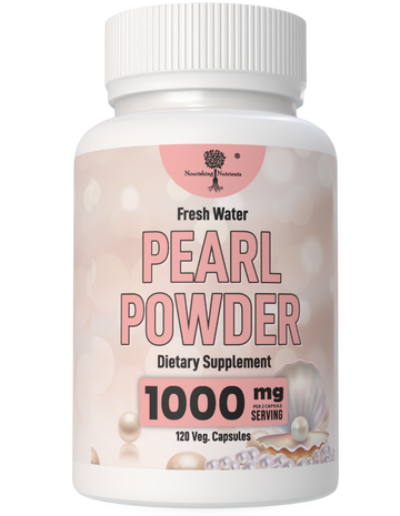White supplement bottle labeled Fresh Water Pearl Powder dietary supplement with 1000 mg per serving and 120 vegetarian capsules. The product label features pink typography, pearl graphics, and a shell design, emphasizing a clean beauty and wellness supplement presentation
fresh water pearl powder, pearl powder supplement, dietary supplement capsules, 1000 mg pearl powder, 120 vegetarian capsules, beauty supplement, wellness supplement, skin health supplement, Nourishing Nutrients pearl powder, freshwater p