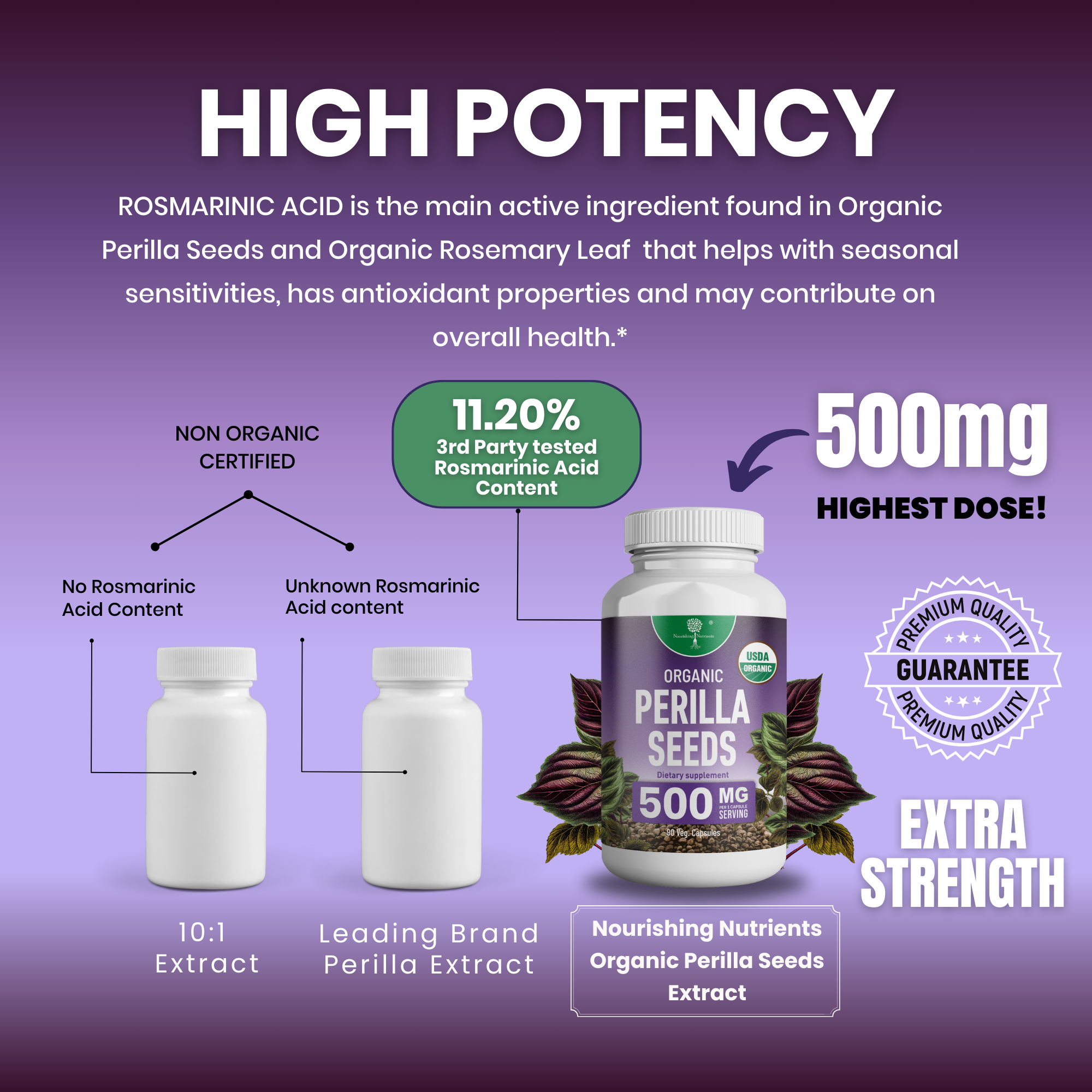 Nourishing Nutrients Organic Perilla Seeds supplement graphic highlights a high potency 500 mg dose with 11.20% third-party tested rosmarinic acid content. The image compares the product with non-organic and leading brand perilla extracts, emphasizing certified organic quality, extra strength, and premium quality guarantee.
organic perilla seeds, perilla seeds supplement, high potency perilla supplement, rosmarinic acid supplement, 500 mg perilla capsules, Nourishing Nutrients perilla seeds, organic perilla