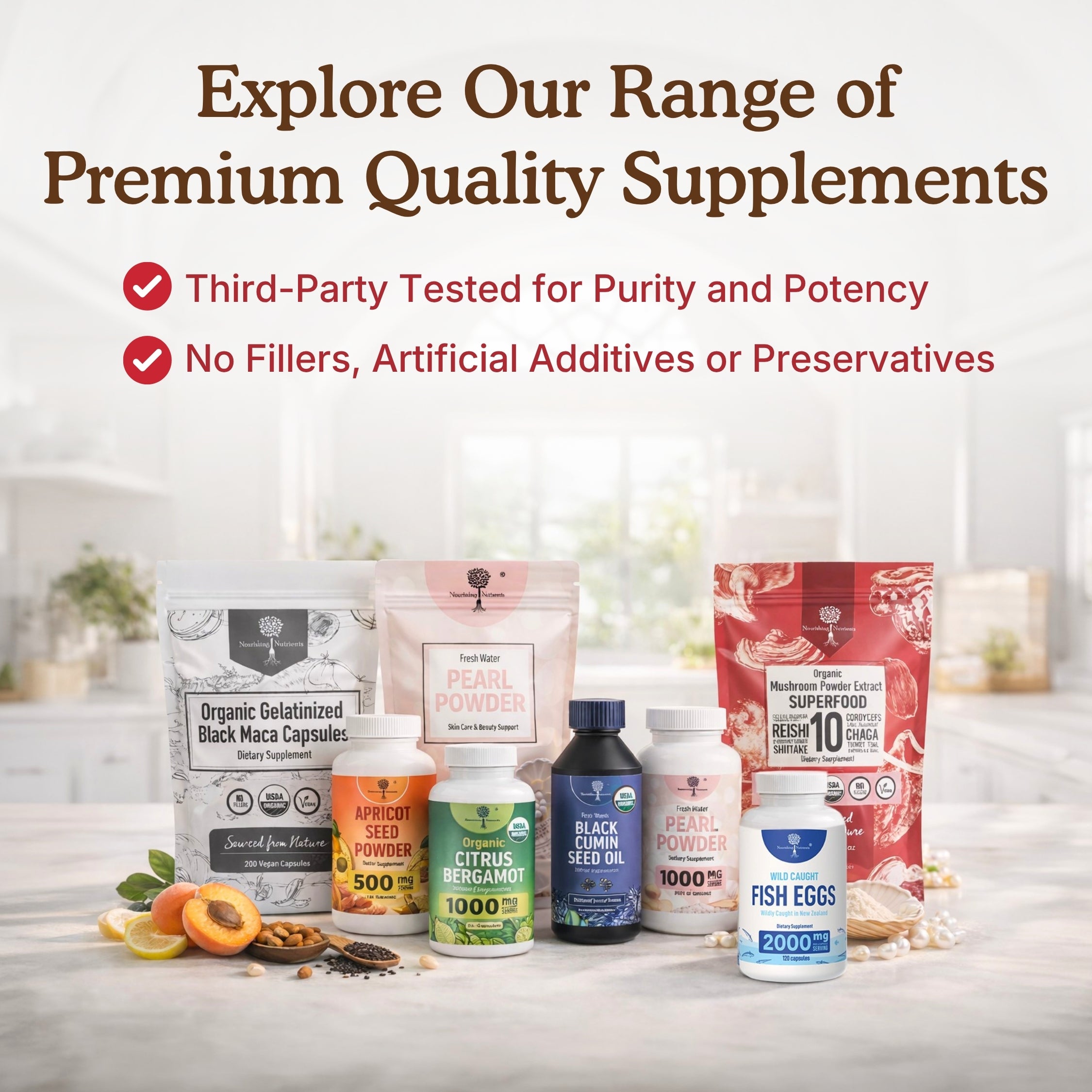 Nourishing Nutrients promotional graphic showcases a range of premium quality supplements, including black maca, pearl powder, citrus bergamot, black cumin seed oil, fish eggs, and organic mushroom powder. The image highlights third-party testing for purity and potency, along with no fillers, artificial additives, or preservatives.stamets 7 mushroom powder; om master blend; mushroom supplement powder; psilocybin mushroom; stonehenge health dynamic mushrooms; mushroom powder organic; mushrooms powder; 