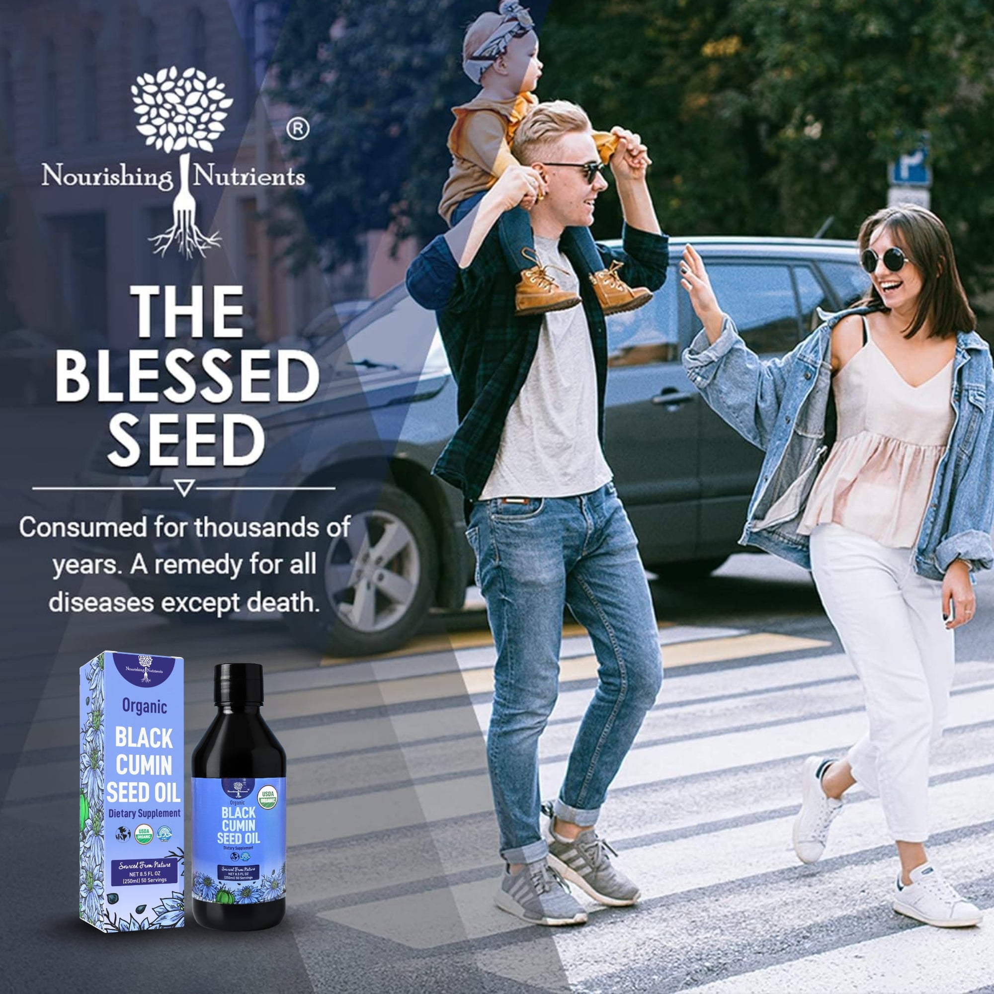 Nourishing Nutrients Organic Black Cumin Seed Oil dietary supplement graphic features a family walking outdoors beside the product bottle and box. The image highlights “The Blessed Seed” messaging and text noting black cumin seed oil has been consumed for thousands of years.black seed oil capsules; organic black seed; black oil; black oil seed; 