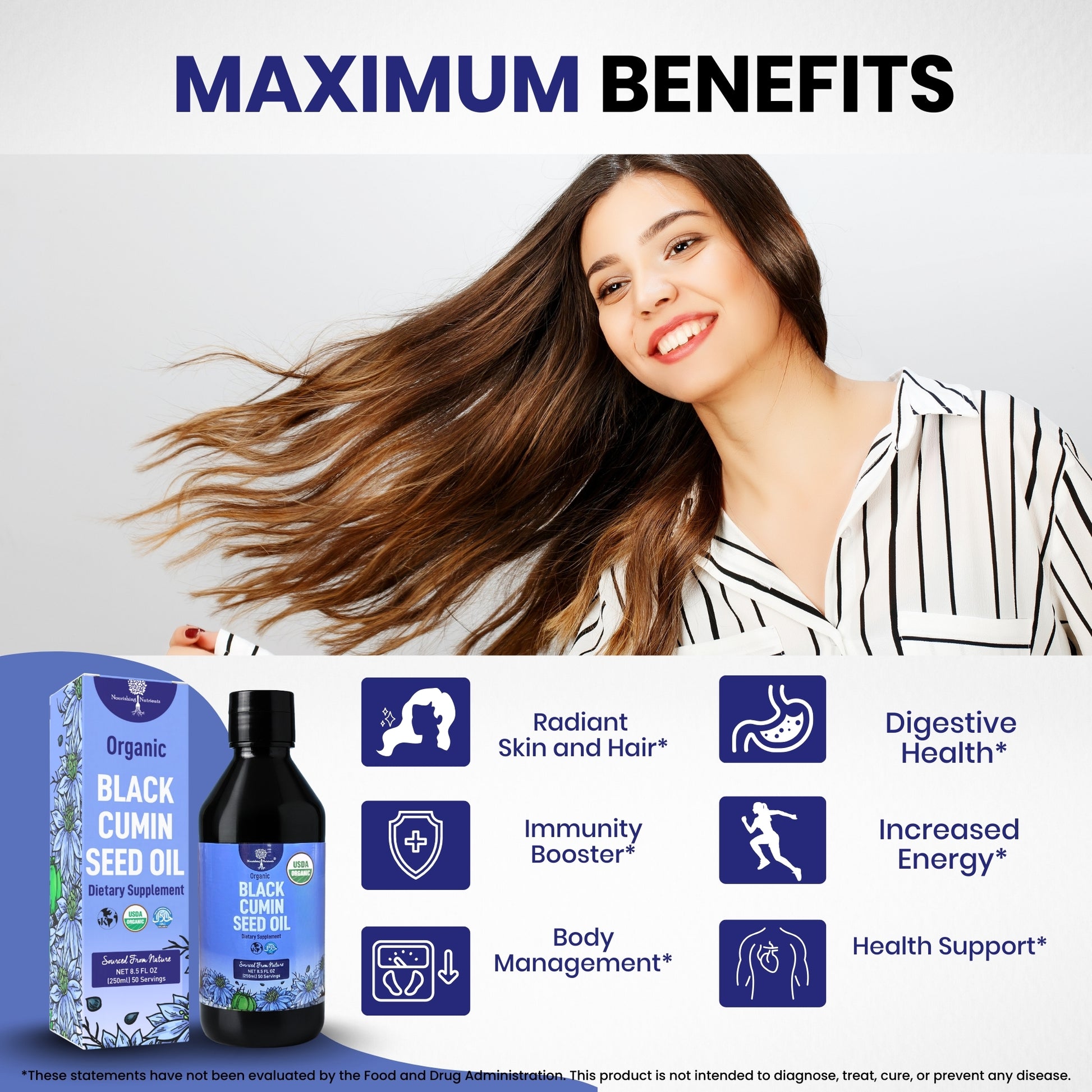 Nourishing Nutrients Organic Black Cumin Seed Oil dietary supplement graphic features a smiling woman with flowing hair beside the product bottle and box. The image highlights maximum benefits including radiant skin and hair, immunity support, body management, digestive health, increased energy, and health support.black seed cumin oil; cumin black seed oil; black seeds cumin oil; seed black cumin oil; black seed oil cumin; 