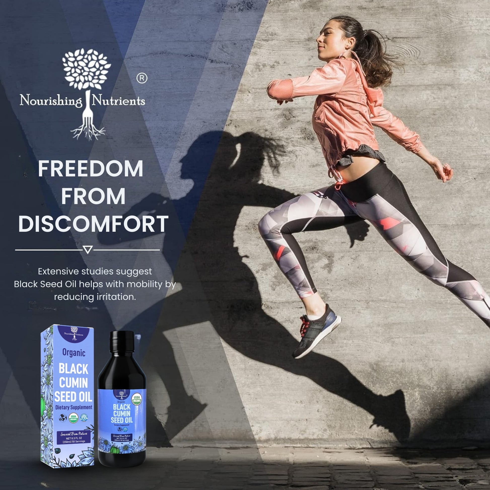 Nourishing Nutrients Organic Black Cumin Seed Oil dietary supplement graphic features a woman jumping in activewear beside the product bottle and box. The image promotes freedom from discomfort and mobility support, with text stating black seed oil helps reduce irritation.black seeds oil liquid; blackseedoil; black seed oil liquid; black seed oil; black seed oul; 