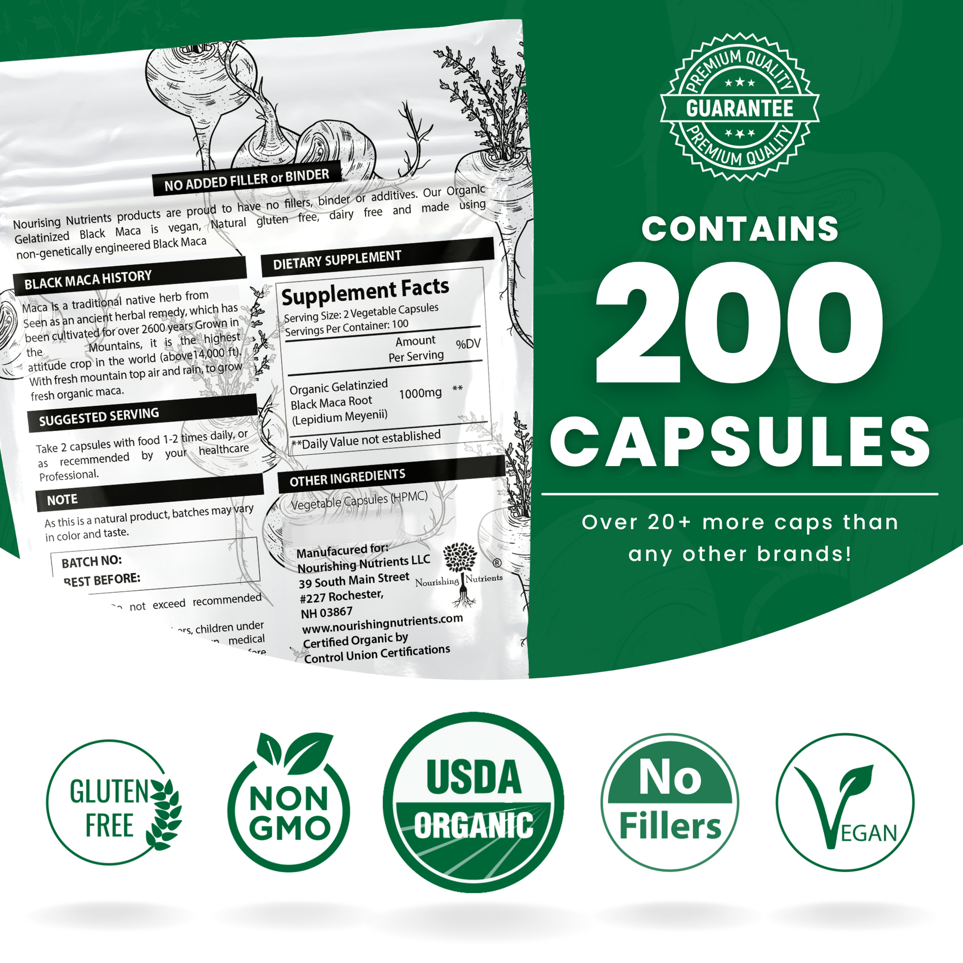 Nourishing Nutrients Organic Gelatinized Black Maca supplement graphic shows the pouch back label and supplement facts, highlighting 200 capsules per package. The design emphasizes gluten free, non-GMO, USDA organic, no fillers, vegan quality, and a premium quality guarantee.
organic black maca, gelatinized black maca, black maca supplement, Nourishing Nutrients black maca, 200 capsules maca supplement, vegan maca capsules, USDA organic maca, gluten free maca supplement, non-GMO maca, no fillers supplement,