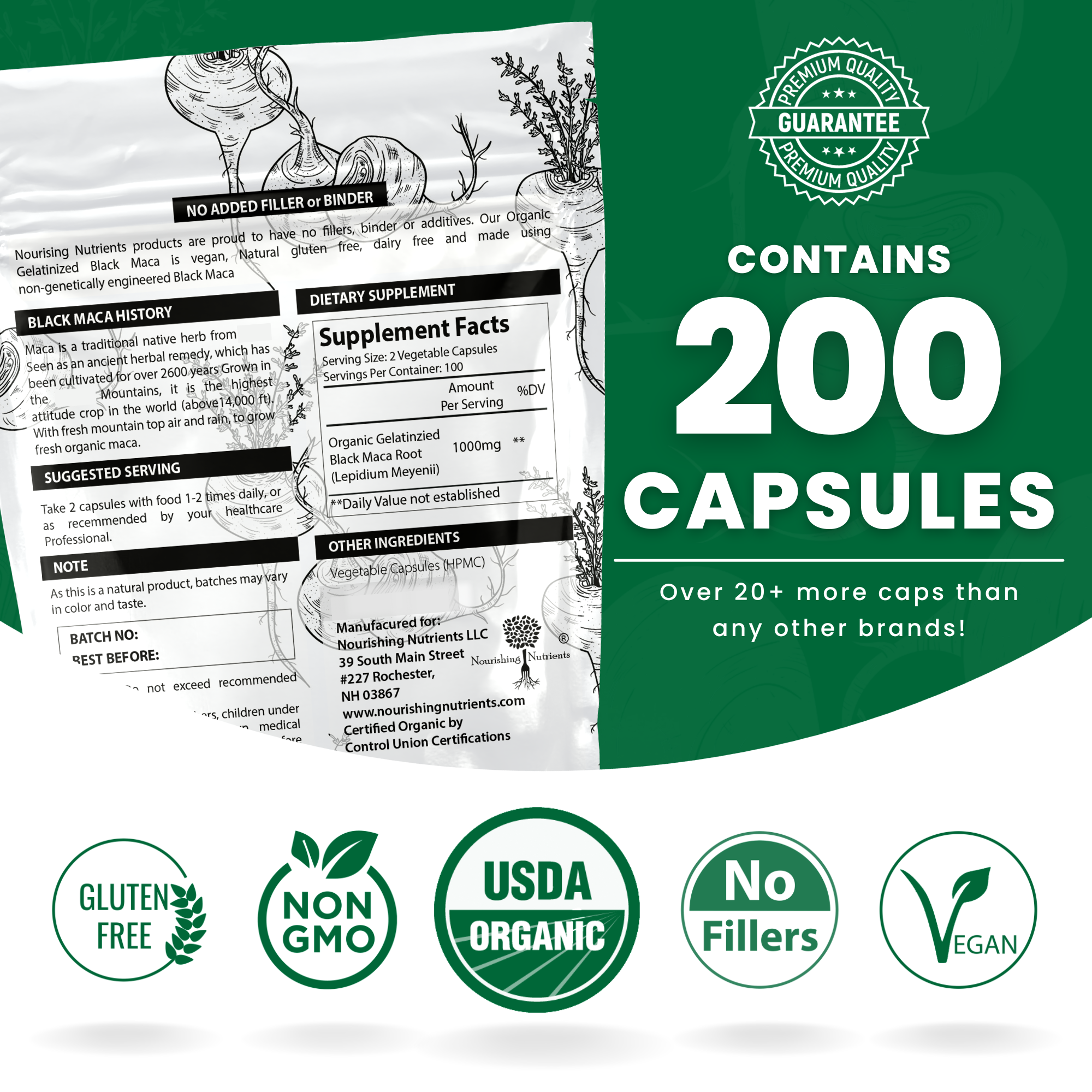 Nourishing Nutrients Organic Gelatinized Black Maca supplement graphic shows the pouch back label and supplement facts, highlighting 200 capsules per package. The design emphasizes gluten free, non-GMO, USDA organic, no fillers, vegan quality, and a premium quality guarantee.
organic black maca, gelatinized black maca, black maca supplement, Nourishing Nutrients black maca, 200 capsules maca supplement, vegan maca capsules, USDA organic maca, gluten free maca supplement, non-GMO maca, no fillers supplement,