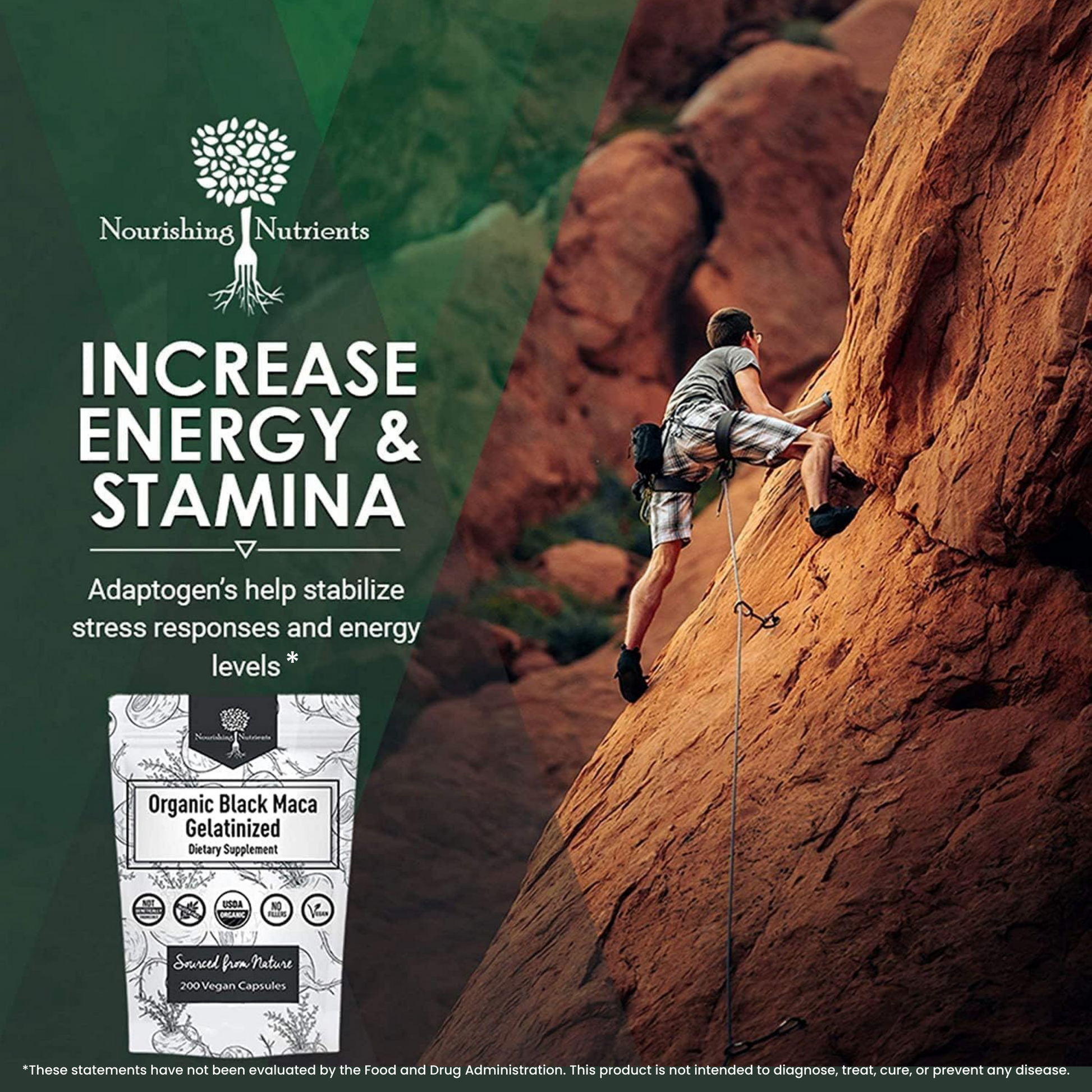 Nourishing Nutrients Organic Black Maca Gelatinized supplement graphic features a rock climber on a red cliff beside a 200 vegan capsule pouch. The image promotes energy and stamina support, with text referencing adaptogens, stress response, and energy levels.organic black maca gelatinized, black maca supplement, maca energy supplement, stamina support supplement, Nourishing Nutrients black maca, adaptogen supplement, stress response support, energy levels support, vegan maca capsules, 200 vegan capsules