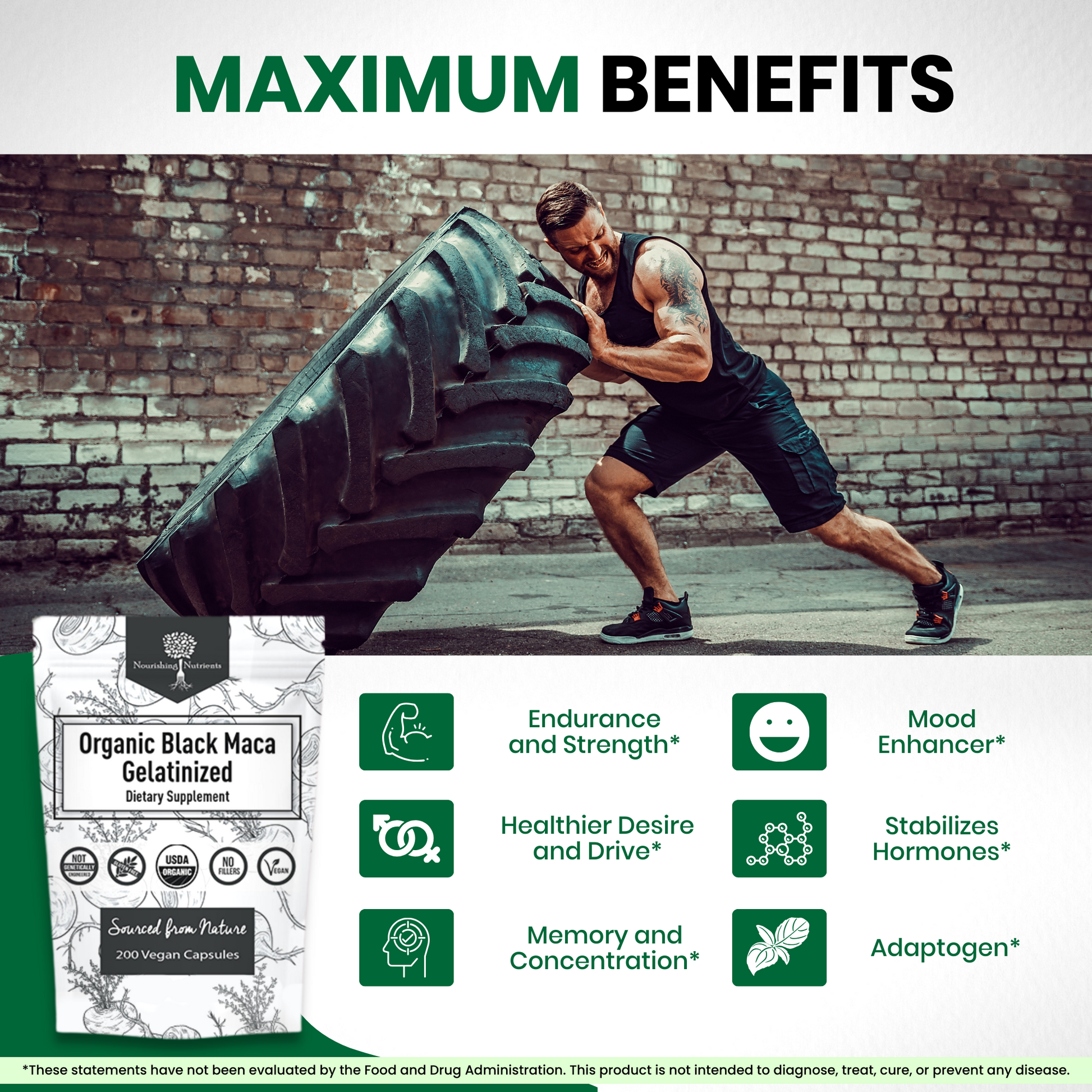 Nourishing Nutrients Organic Black Maca Gelatinized dietary supplement graphic shows a man flipping a large tire with a 200 vegan capsule pouch. The image highlights maximum benefits including endurance and strength, mood enhancement, healthier desire and drive, hormone stabilization, memory and concentration, and adaptogen support.
organic black maca gelatinized, black maca supplement, gelatinized maca powder, Nourishing Nutrients maca, endurance and strength supplement, mood enhancer supplement, hormone s