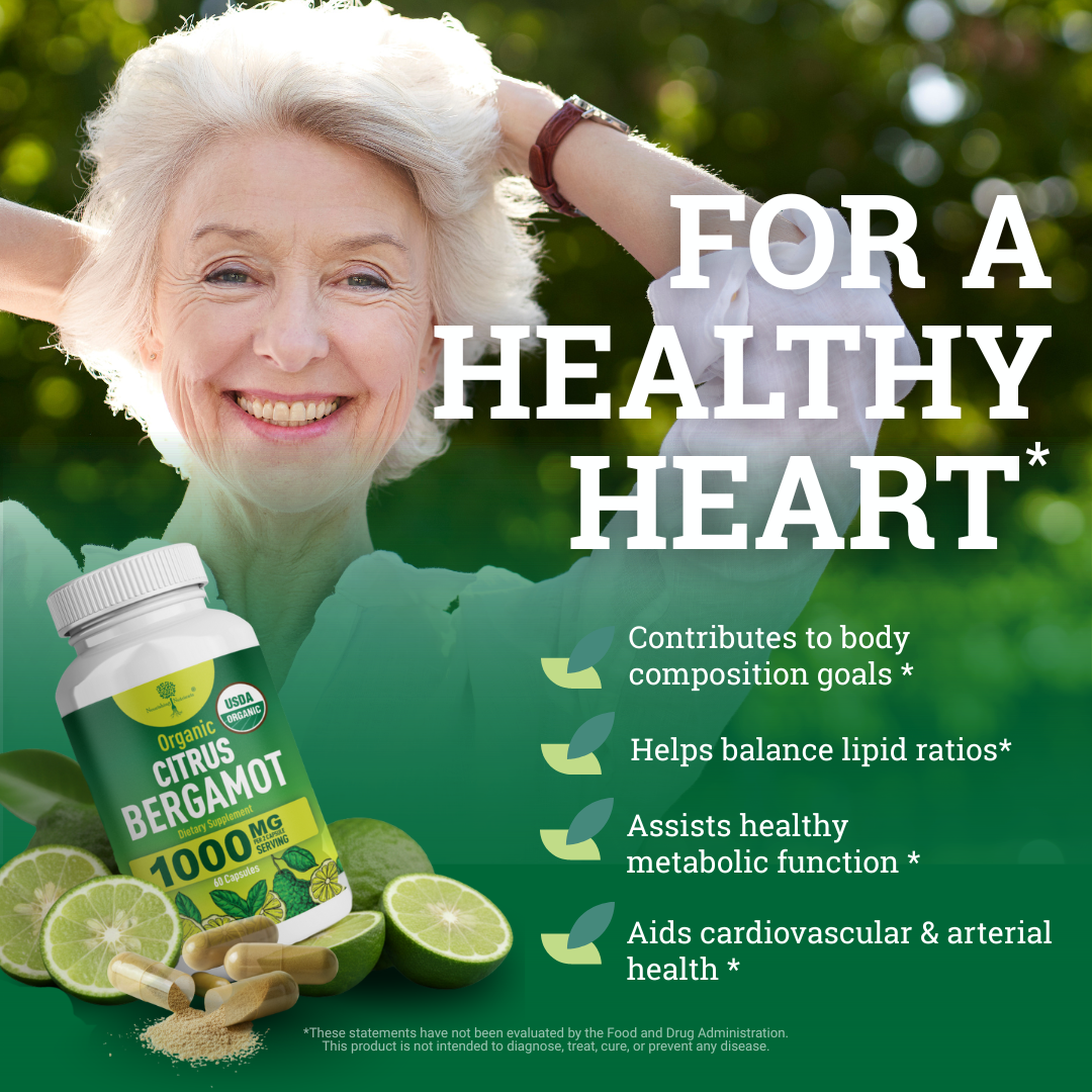 Nourishing Nutrients Organic Citrus Bergamot supplement graphic promotes heart health support with a smiling older woman outdoors and a 1000 mg bottle. The image highlights body composition goals, lipid ratio balance, healthy metabolic function, and cardiovascular and arterial health.
cholesterol balance
citrus bergamot 500mg capsules
citrus bergamot 1000mg
bergamot cholesterol
high cholesterol
lipid control