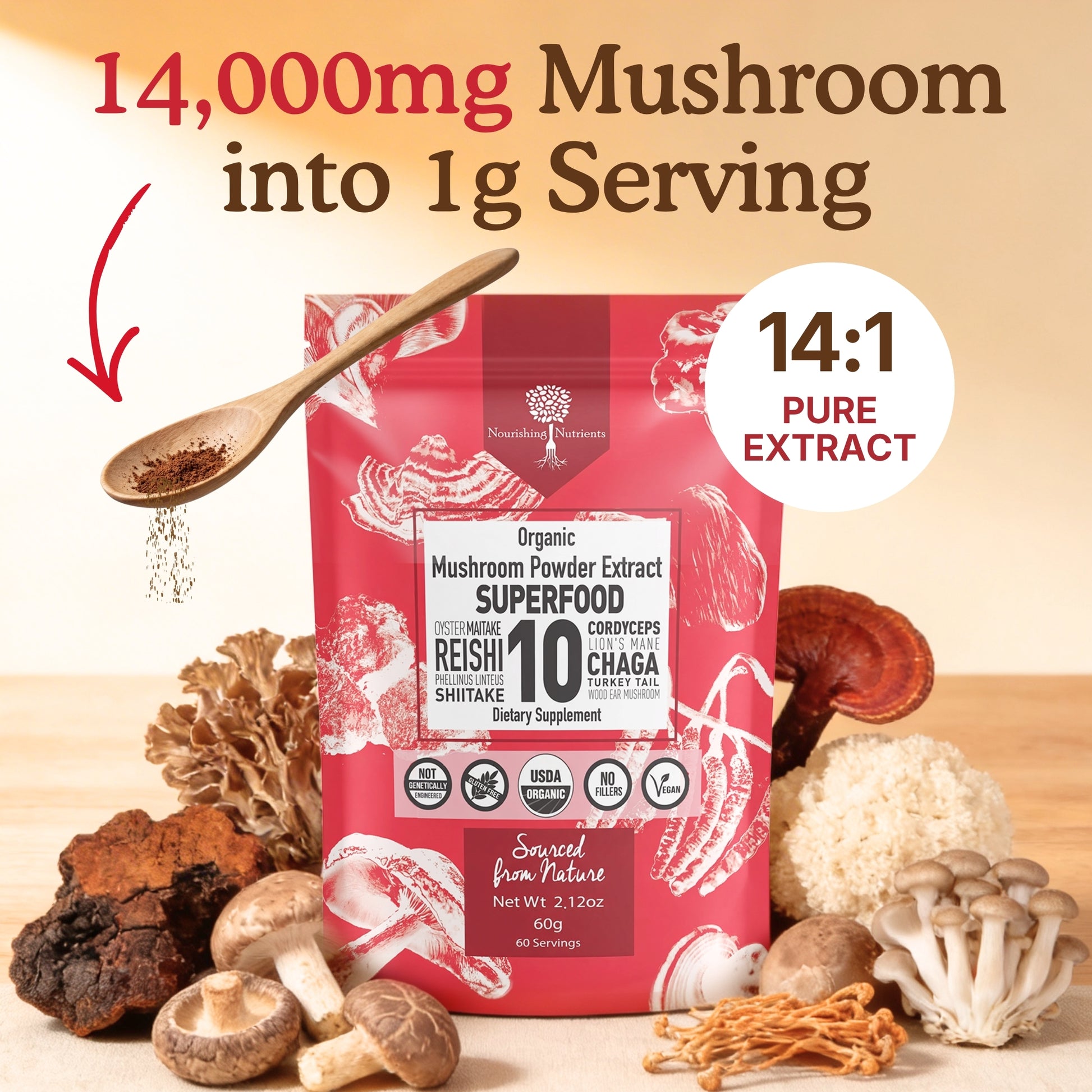 Nourishing Nutrients Organic Mushroom Powder Extract Superfood pouch is displayed with assorted mushrooms and a wooden spoon of powder. The graphic highlights a 14:1 pure extract, 14,000 mg mushroom into a 1 g serving, USDA organic, vegan, no fillers, and 60 servings.shiitake mushroom extract; mushroom powder for coffee; adaptogen blend powder; red reishi mushroom powder; reishi mushroom powder; mushroom extracts for cancer; reishi mushrooms powder; 