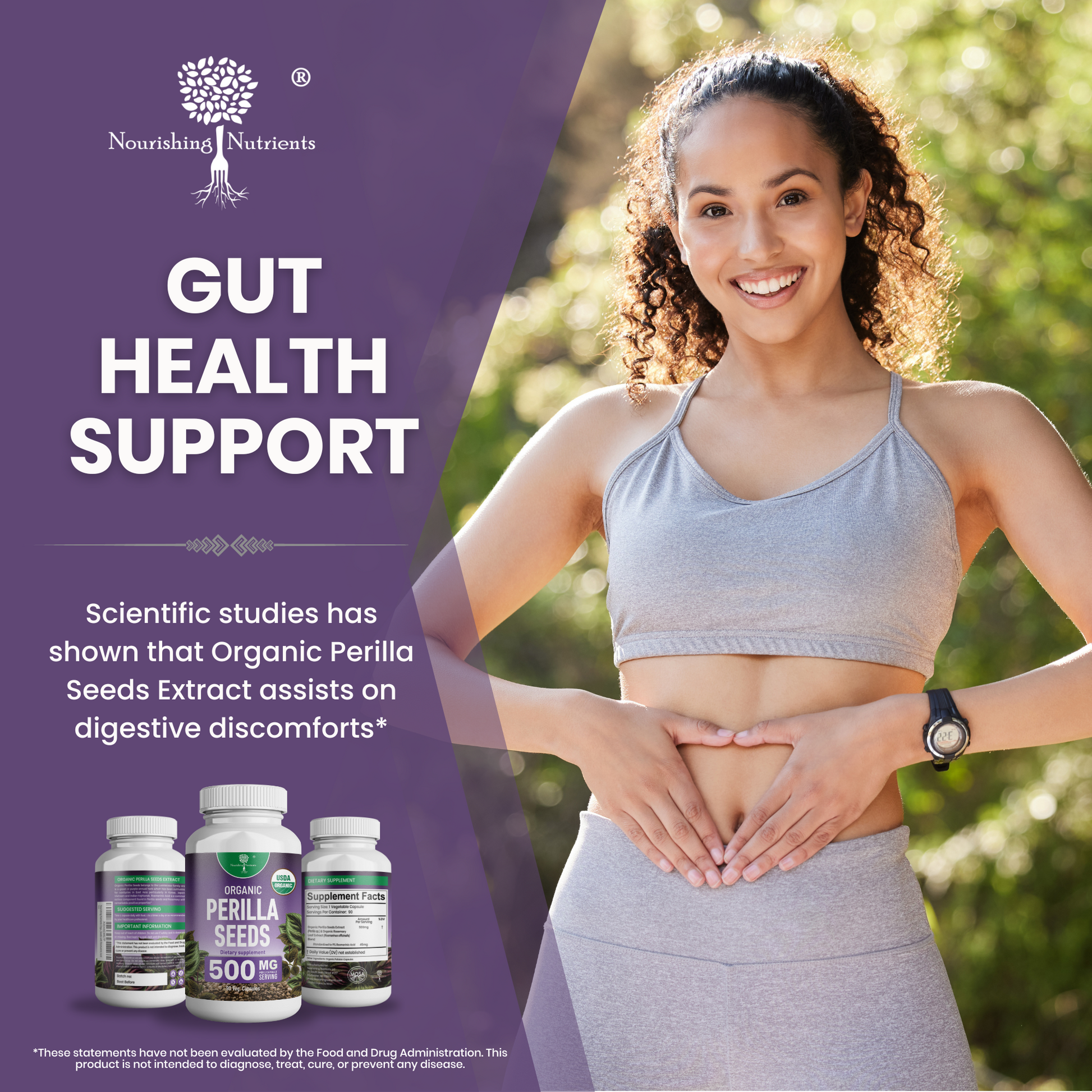 Nourishing Nutrients Organic Perilla Seeds supplement graphic highlights gut health support with a smiling woman in activewear holding her stomach outdoors. The ad shows 500 mg perilla seeds supplement bottles and text referencing digestive discomfort support.
organic perilla seeds, perilla seeds supplement, gut health support, digestive support supplement, Nourishing Nutrients perilla seeds, 500 mg perilla capsules, organic perilla seed extract, digestive discomfort support, natural gut health supplement, 