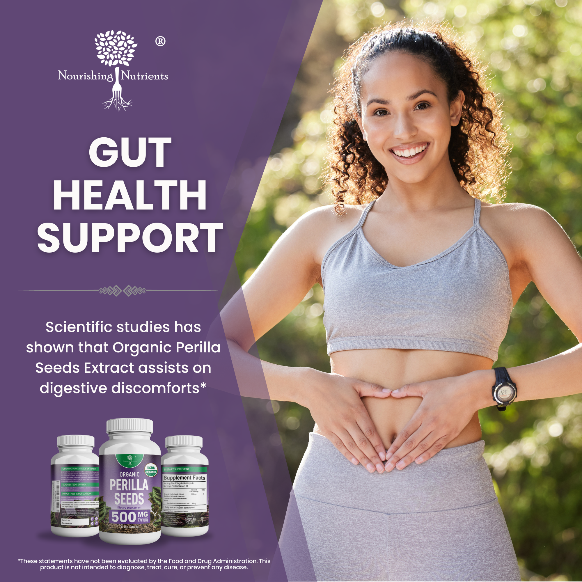 Nourishing Nutrients Organic Perilla Seeds supplement graphic highlights gut health support with a smiling woman in activewear holding her stomach outdoors. The ad shows 500 mg perilla seeds supplement bottles and text referencing digestive discomfort support.
organic perilla seeds, perilla seeds supplement, gut health support, digestive support supplement, Nourishing Nutrients perilla seeds, 500 mg perilla capsules, organic perilla seed extract, digestive discomfort support, natural gut health supplement, 