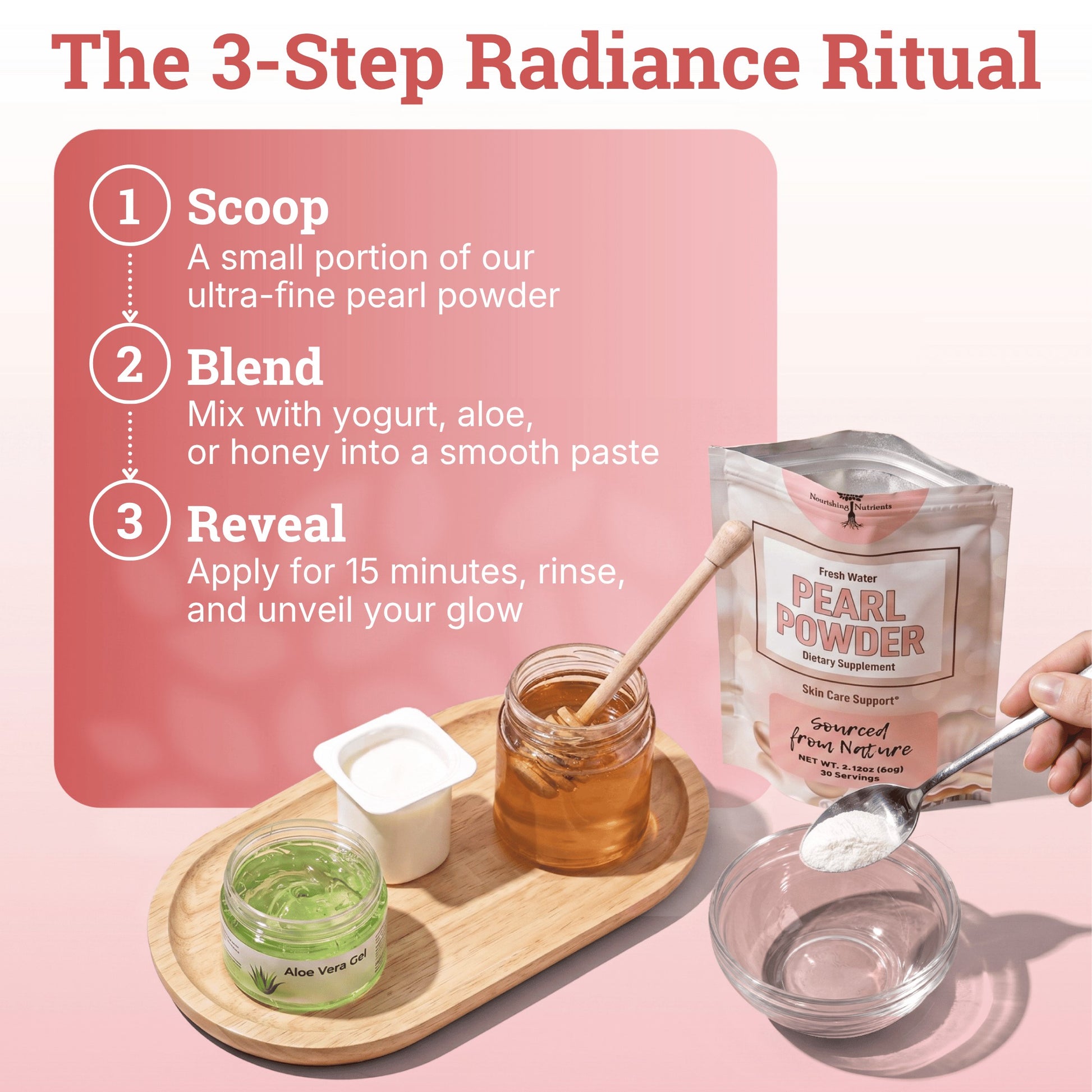 Nourishing Nutrients Fresh Water Pearl Powder graphic shows a 3-step radiance ritual for creating a DIY skin care paste. The visual explains how to scoop ultra-fine pearl powder, blend it with yogurt, aloe, or honey, then apply for 15 minutes and rinse for a glowing skin routine.pearl powder for eyes; pearl powder edible; pearl powder organic food grade; organic pearl powder
