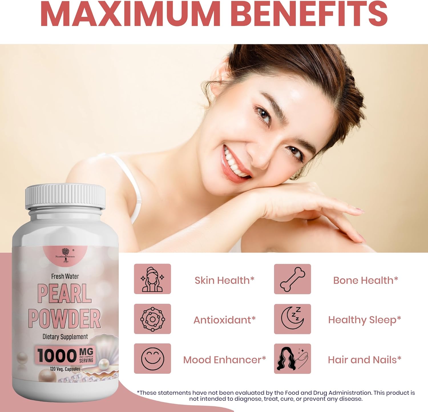 Promotional graphic for Fresh Water Pearl Powder dietary supplement featuring a 1000 mg bottle with 120 vegetarian capsules. The ad highlights potential wellness benefits including skin health, bone health, antioxidant support, healthy sleep, mood enhancement, and hair and nails.
fresh water pearl powder, pearl powder supplement, 1000 mg pearl powder, pearl powder capsules, dietary supplement, skin health supplement, bone health supplement, antioxidant support supplement, healthy sleep supplement, mood enha