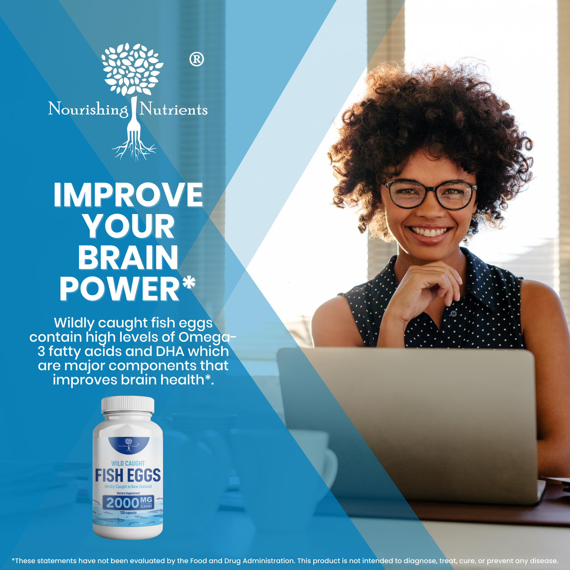 Nourishing Nutrients Wild Caught Fish Eggs supplement graphic promotes brain power support with a smiling woman working on a laptop. The image features a 2000 mg fish eggs supplement bottle and text highlighting omega-3 fatty acids and DHA as components for brain healthBrain power plus omega 3 fish supplement Brain and eye supplement Health omega 3 fish eggs supplement